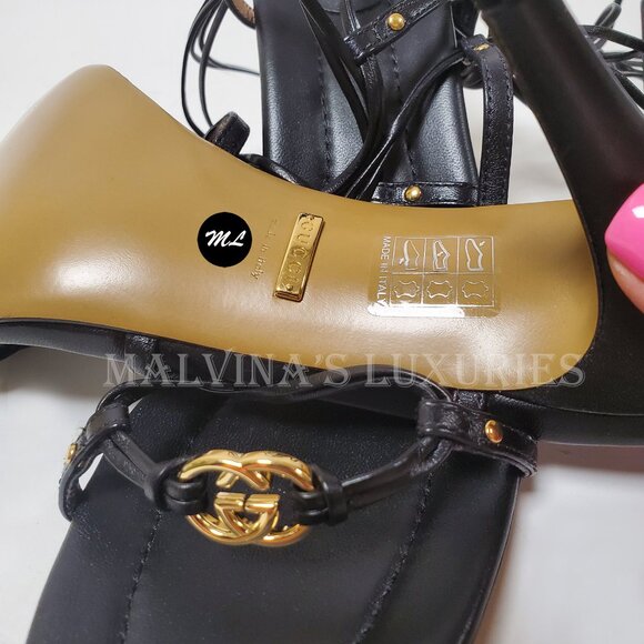 GUCCI SHOES INTERLOCKING G LOGO ANKLE TIE STRAPPY BLACK SANDALS sz 39.5 9.5 - Picture 13 of 15